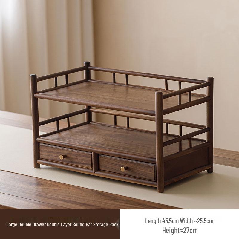 Guanlan Walnut Wood Tea Table with Double Drawer and Display Shelves for Tea Pot and Cup Storage