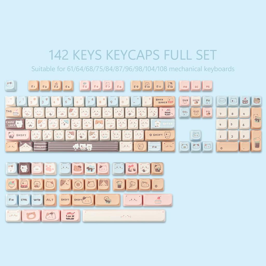 TYRIXKI PBT Keycaps 142 Keys Cute Keycaps Sublimation Sea Salt Cat Keycaps Mao Profile Custom Keycaps for Cherry Gateron MX Switches Mechanical