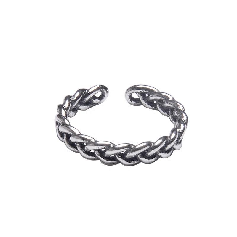 Sterling S925 Chic Silver Open Adjustable Ring With Retro Braided Design Women For