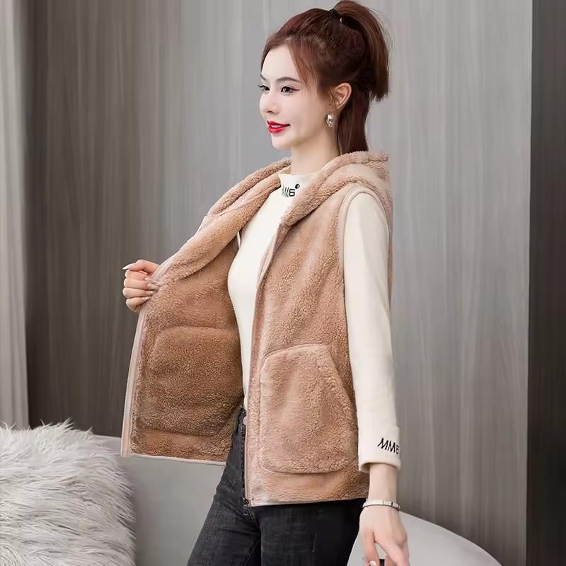 Hooded Fleece Vest Jacket Autumn Winter Women Sleeveless Jacket Lady Casual Warm Soft Waistcoat Female