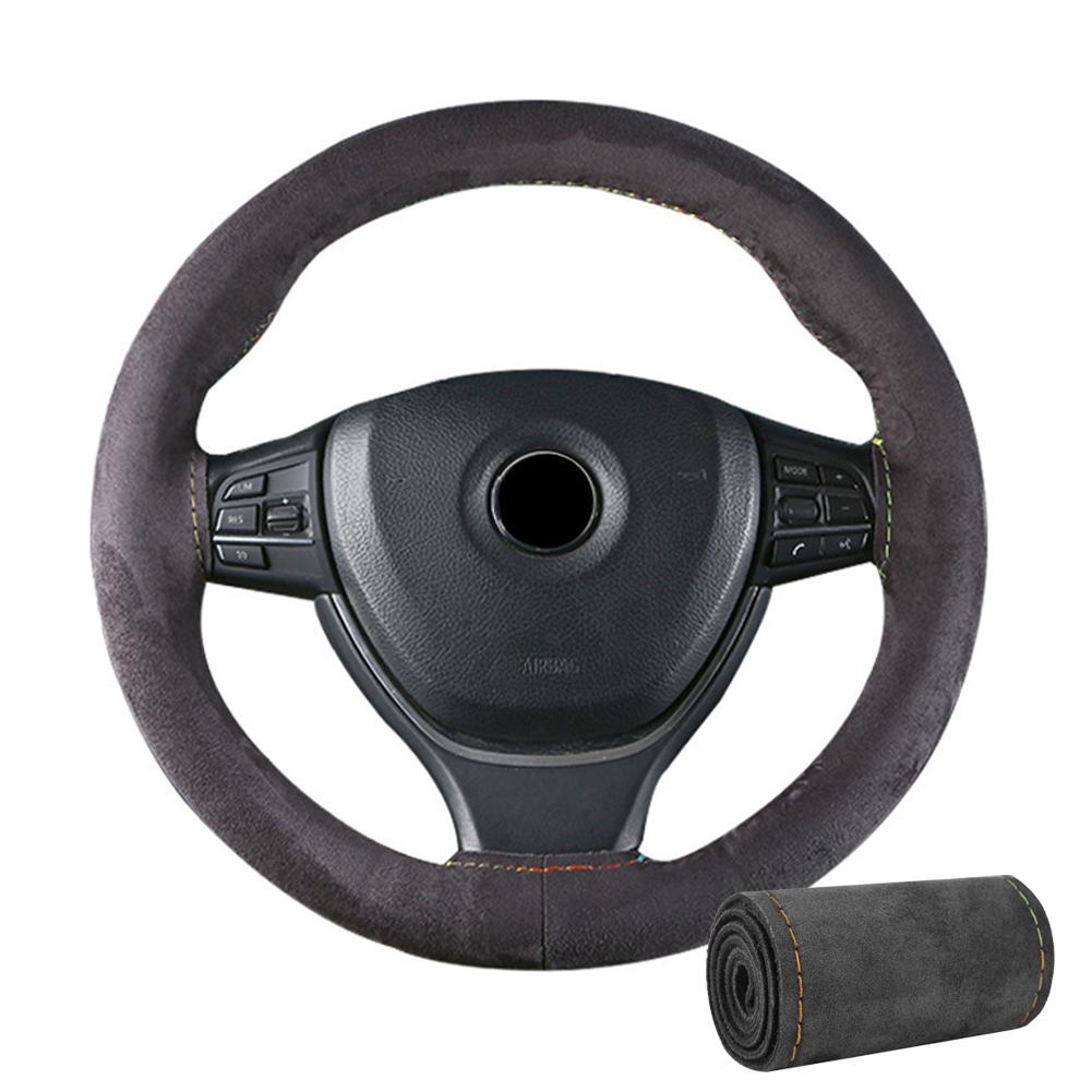 Suede Cowhide DIY Hand Sewn Car Steering Wheel Covers Auto Steering Wheel Protector Fashion Non-slip 38cm Car Accessories