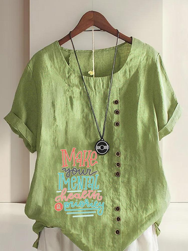 Women's Fashion Multi-color Letters Print Round Neck Short Sleeve T-shirt Summer Casual Cotton Linen Graphic Shirt Leisure Loose Blouse Tops