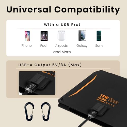 FlexSolar 15W Solar Panel, Slim and Ultra-Lightweight, with USB Port (Max 5.5V/2.8A), IP67 Waterproof and Dustproof, Foldable Solar Charger, Compatibl