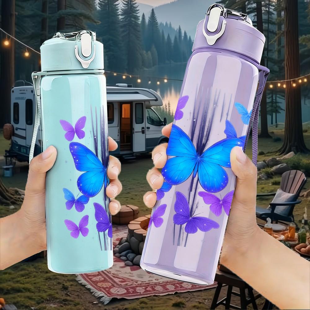 1PC Purple Butterfly Colorful Wings 750ml Color Plastic Sports Water Bottle Leakproof Flip Straw Lid Suitable for Sports Office Home Use