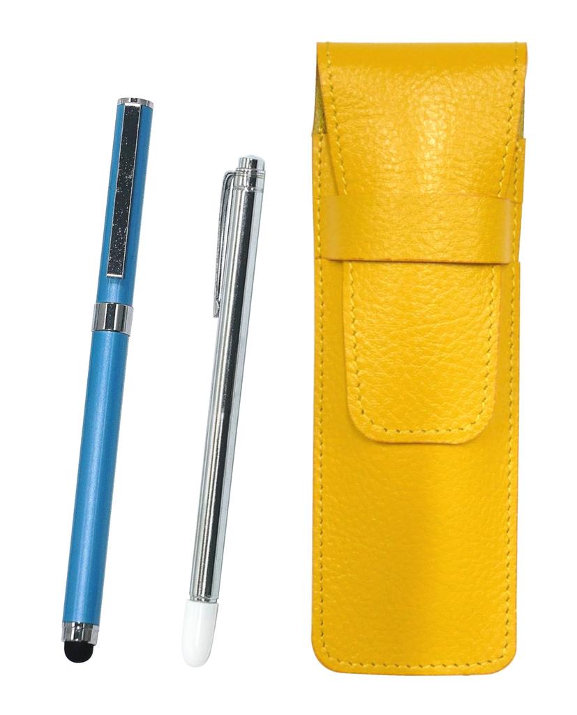 Yellow Grained Leather Pen Case with Metal Smartphone Touch and Metal Cap Ballpoint Pen Set Pointer, Function, (blue, SASY-701S-QSJW700-L-2, 2-pack)