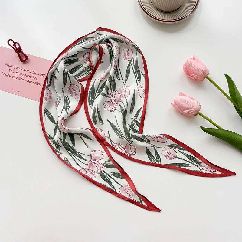 Fashion Silk Satin Scarf Women Long Headband Cute Neckerchief Flora Print Hair Tie Scarfs For Ladies Skinny Hairband Bag Scarves