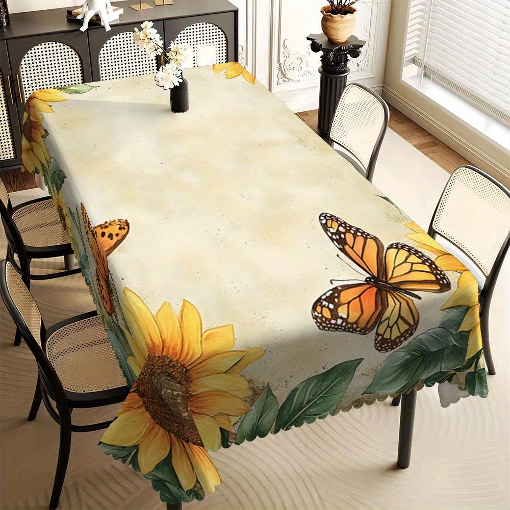 Rustiek Zonnebloem & Monarchvlinder Tafelkleed, Vintage Bloemendruk, Golvende Rand, Vlekbestendig, voor Eetkamer & Huis 140x140cm