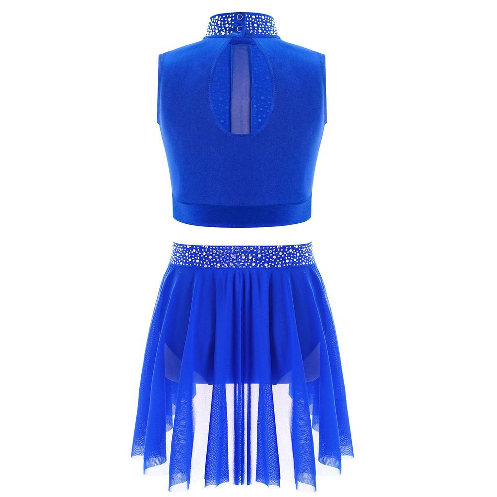 Dívčí taneční vystoupení outfit falešný rolák bez rukávů klíčová dírka na zádech lesklé kamínky crop top sukně