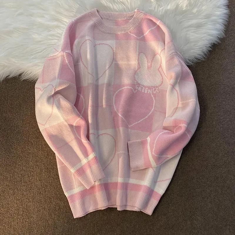 

Женский милый мультяшный свитер большого размера с изображением медведя, кролика, моркови, пуловеры в корейском стиле, женские ретро-вязаные топы розового, синего и белого цвета M розовый