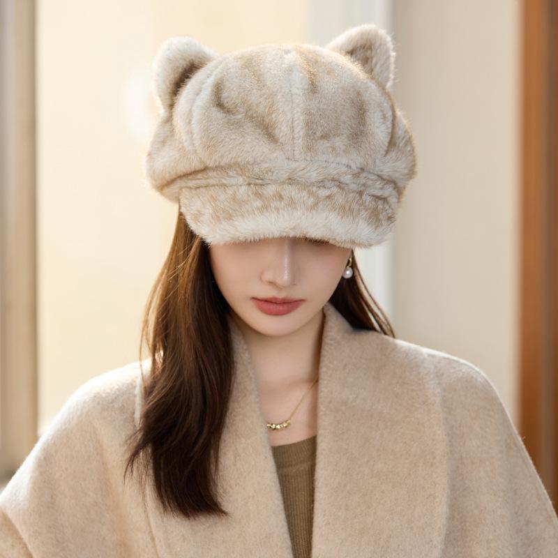 New Imitation Mink Hat Women's Winter Casual Octagonal Hat Thickened Visor Cat Ear Beret