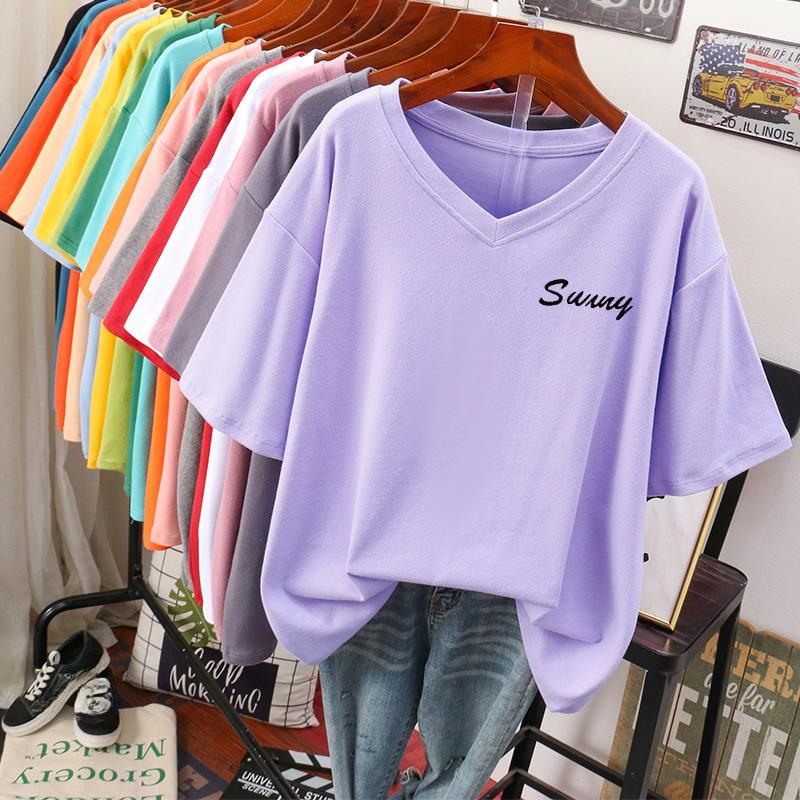 Short-sleeved T-shirt for Women Large Size Loose and Slimming Design Niche Pure Cotton V-neck Top That Covers The Belly