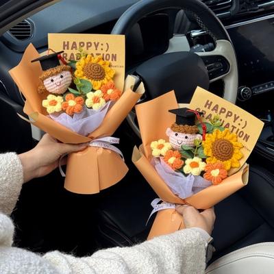 Crochet Flower Graduation Bouquet Handcrafted Crocheted Flowers Sunflower Bouquet with Cute Doll Graduation Gift for Boys Girls