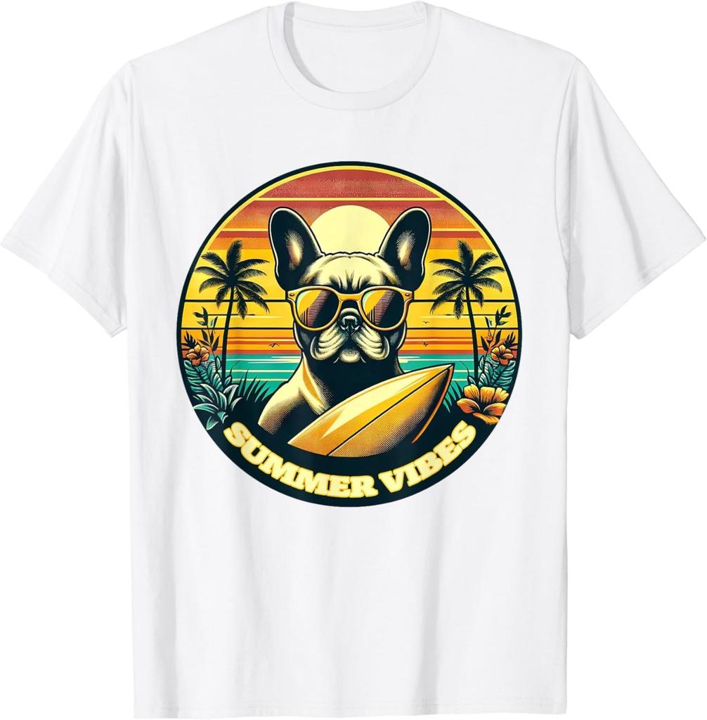 Summer Vibes French Bulldog, Retro Summer Vacation Beach Unisex T-Shirt