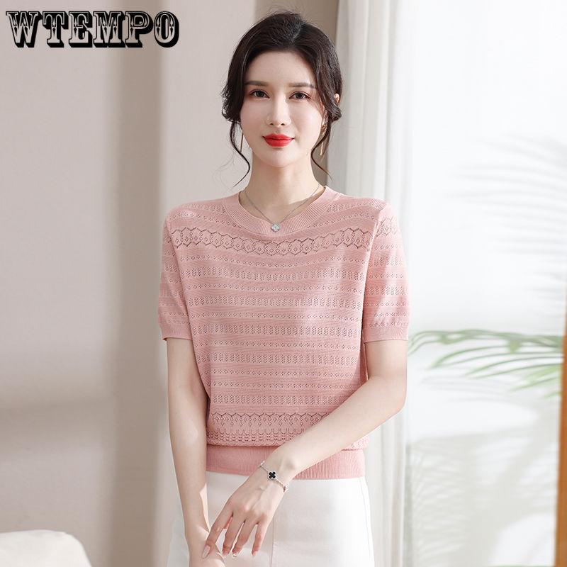 Women's Thin Hollow Ice Silk Knitted Short Sleeved T-shirt Summer Short Top Stylish Small Shirt