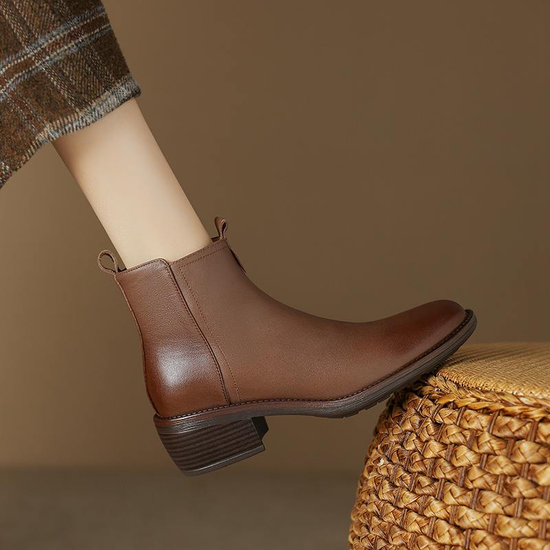 Krazing Pot Cow Skin Winter Square Toe Thick Heels Chelsea Fashion Boots Women Slip on Women Ankle Boots