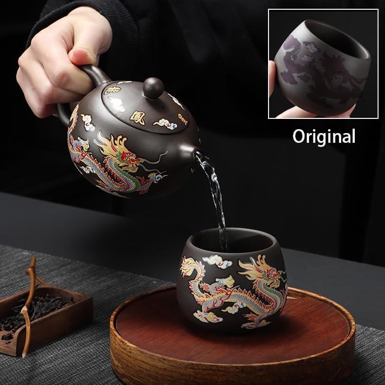 Hand-made Dragon and Phoenix Color-changing Purple Clay Teapot Zisha Tea Set Kettle Kung Fu Tea Pot Tea Lover‘s Gift (Teapot+2* Teacups)