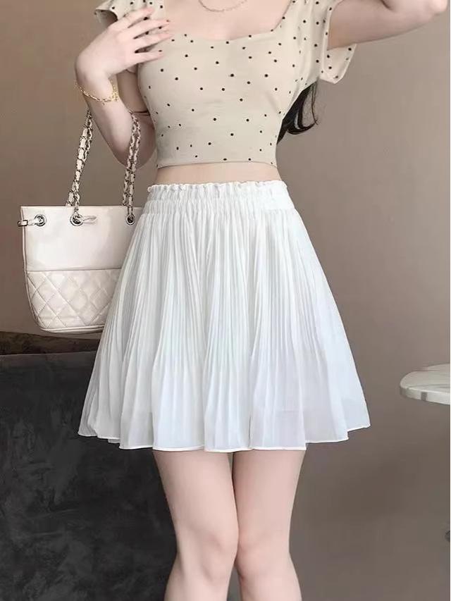 Women's Elastic Waist Pleated Chiffon Mini Skirt - Anti-Exposure, Slimming, Age-Reducing, Versatile Loose Fit for Spring/Summer.