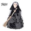 Retro Witch Figurine Halloween Kitchen Doll, Small Statue with Broom, Black And Orange Doll Tabletop Party Decoration for Table Fireplace Holiday Home