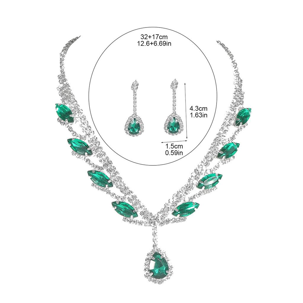 Luxury Rhinestone Beautiful Necklace Earrings Set Bridal Jewelry, Green Water Drop Pendant Earrings Accessories