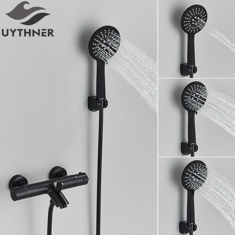 Thermostatic Shower Set Black/Chrome Brass Wall Mounted Bathroom Shower Thermostat Mixer Valve Handle Spray Bathroom Accessories