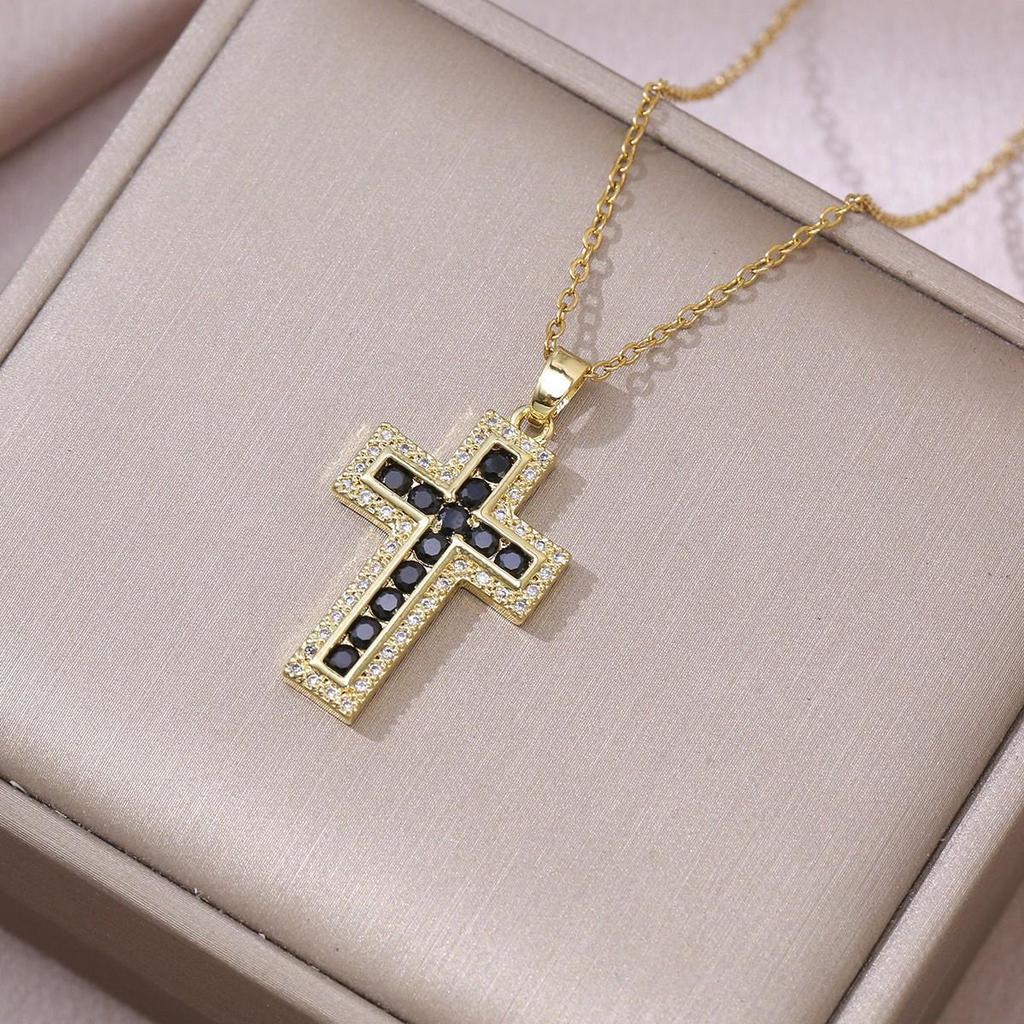 Damen Bunte Zirkon Kreuz Halskette - Nischendesign mit Voll-Diamant-Anhänger an Edelstahlkette