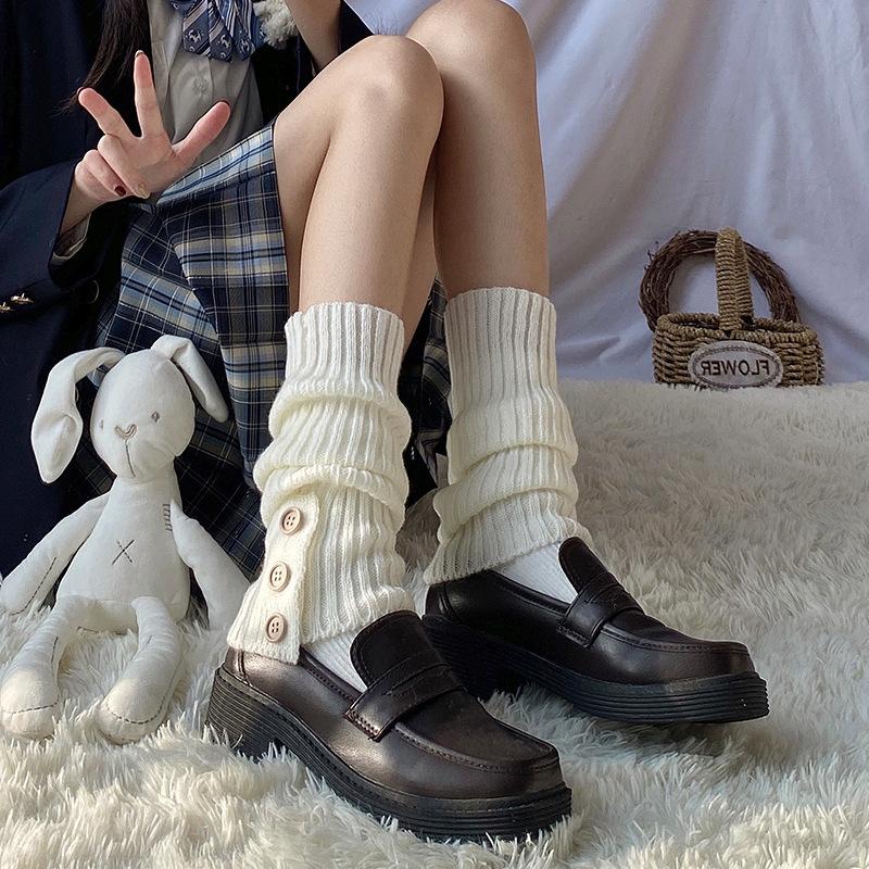Women  Vintage Button Leg Warmers New Autumn Winter Knitted Socks with Yarn White Long Tube Pile Socks JK Keep Warm Leg Warmers