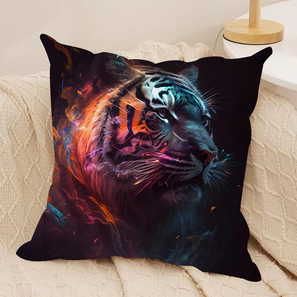 Tiger Animal Print Pattern Cushion Cover Silky Short Plush Invisible Zipper Dustproof Sofa Pillow Case For Home Decor