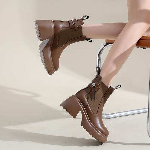 Fashion Women High Heels 8CM Thick Heel Ankle Boots Leather Chunky Shoes Autumn Winter Woman Punk Boots Platform Sneaker Botas Designer