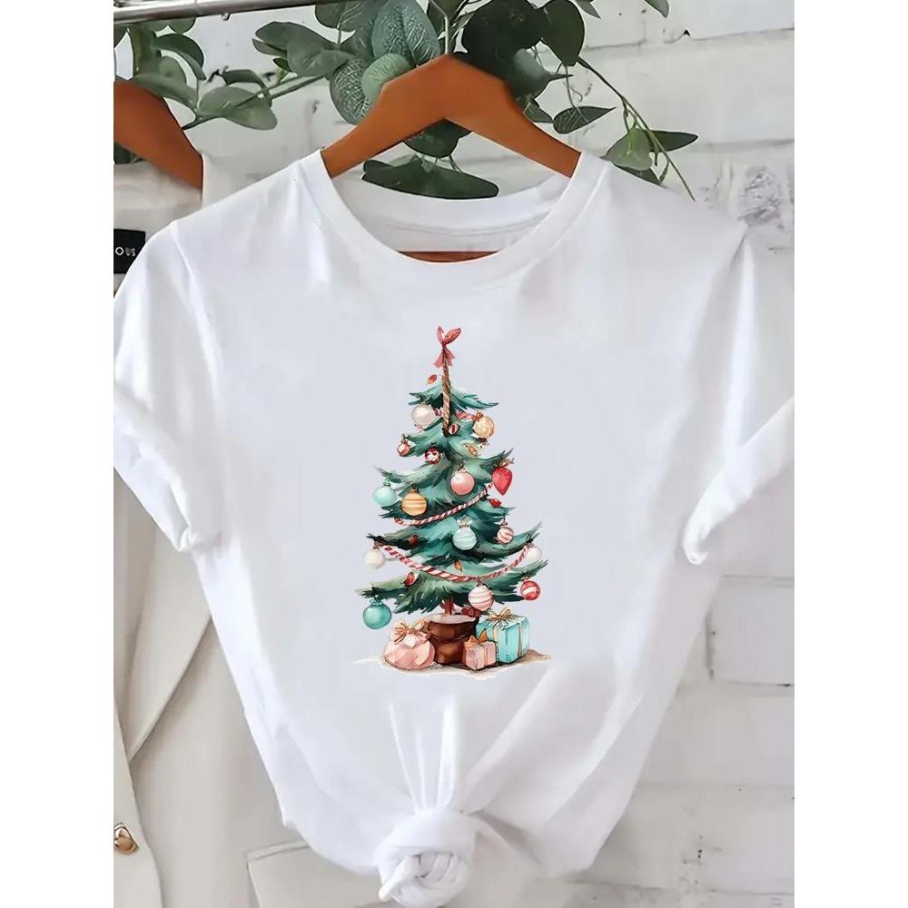 Printed Fashion New Year Women's T-shirt Top Merry Christmas Clothing Coffee Love Cute Holiday Pattern Round Neck Short Sleeve