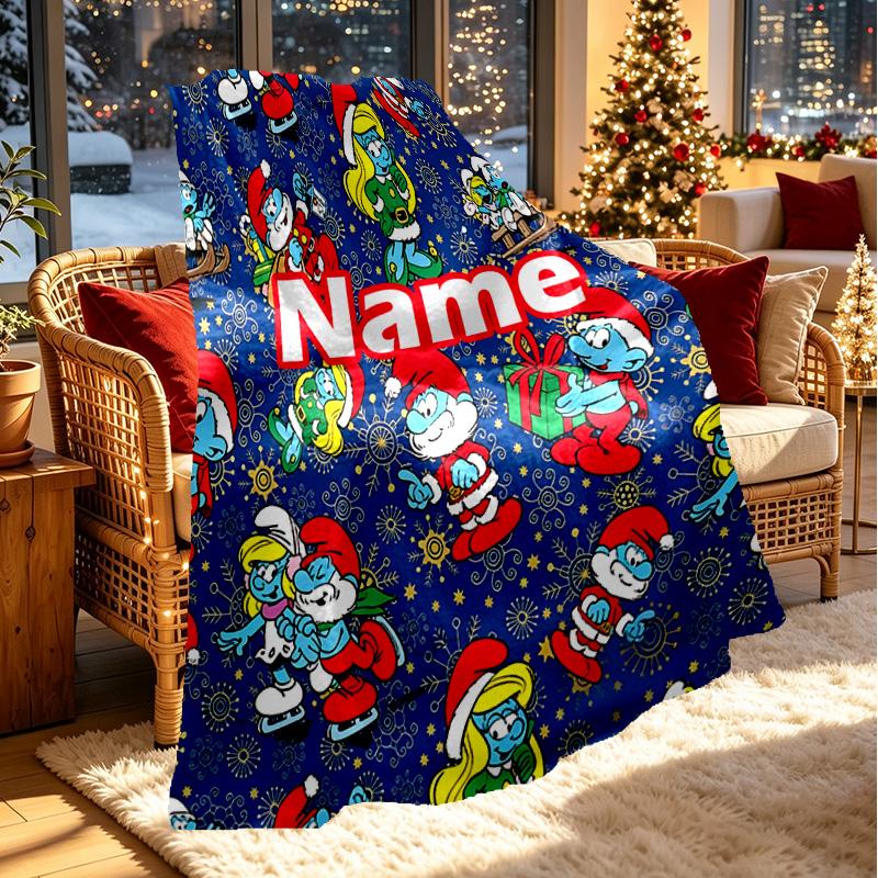 Custom Name Personalized Blue Smurfs Print Blanket, Home Decor, Bedroom, Sofa, Camping, Couch, Gifts for Birthday Christmas