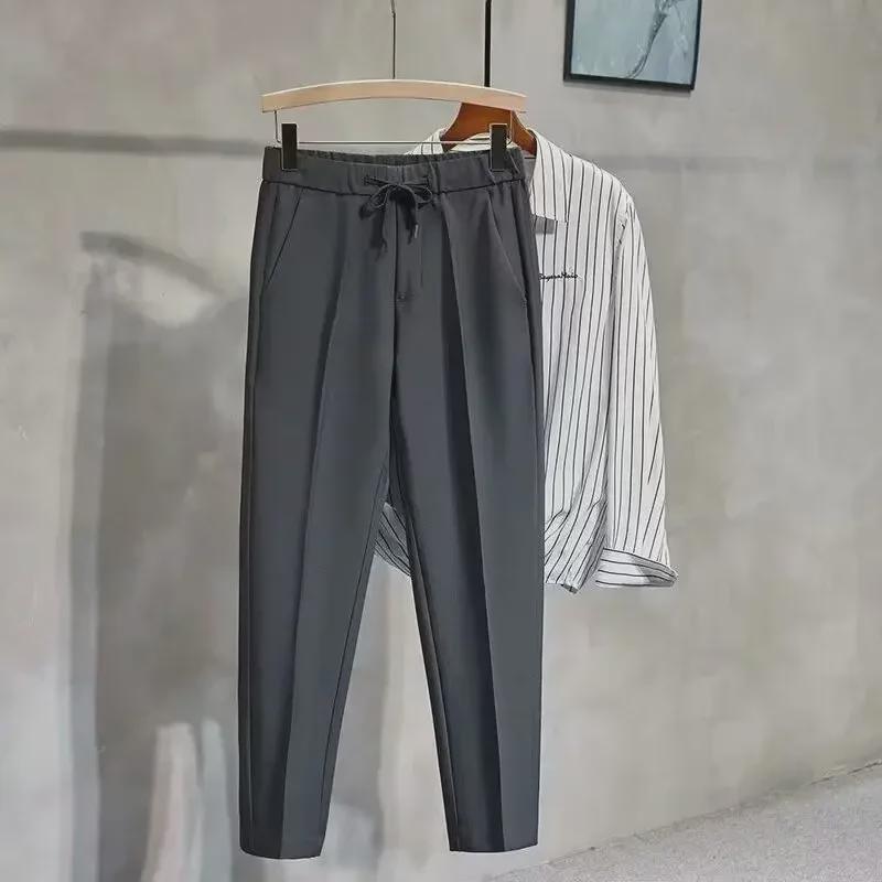 Men's Spring Casual Elastic Waist Skinny Pants - Anti-wrinkle with British Style for Boys