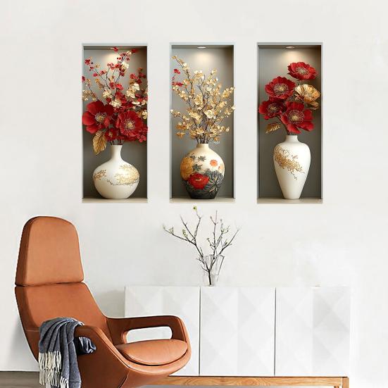 3 Sheets 3D Flower Vase Wall Stickers Faux Floral Wall Decals Peel And Stick Wall Art Mural for Living Room Bedroom Office Home Decor
