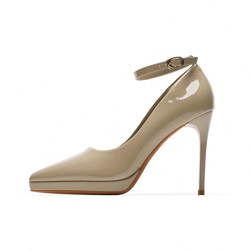 1088-10 Chaussures en cuir verni à talons hauts de 10 cm, bout pointu, plateforme et boucle