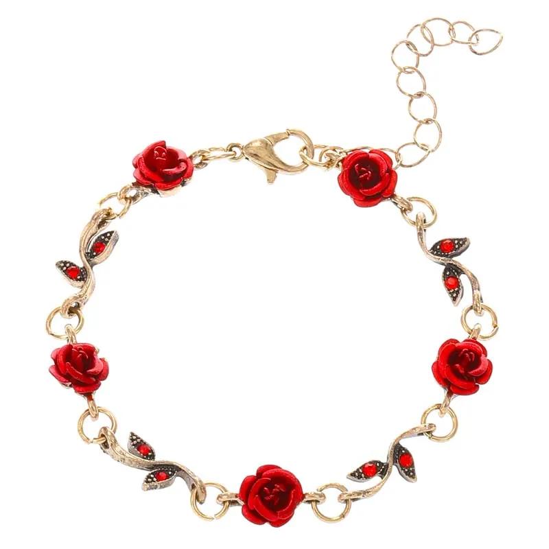 Vintage French Red Rose Flower Necklace Bracelet Set for Women Fashion Romantic Clavicle Chain Necklace Engagement Jewelry Gifts