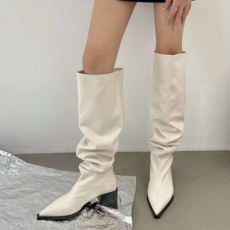 

Large tube pleated piled boots women s new boots autumn and winter women s boots French pointed boots thick heel boots 39