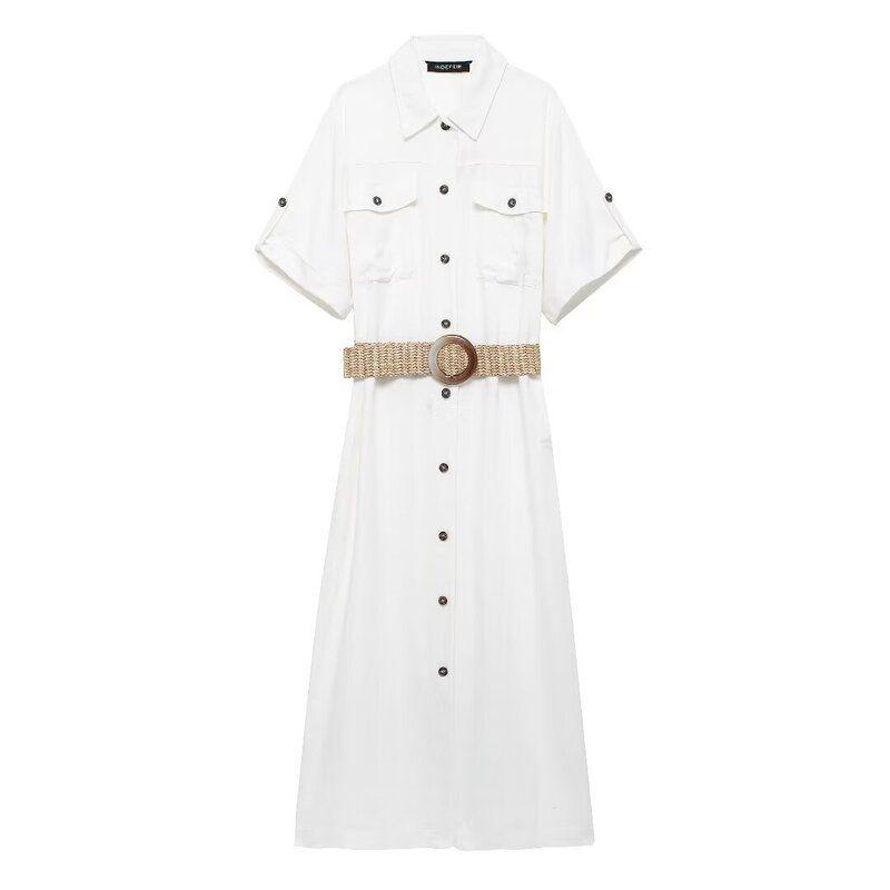 Fashion Style 2024 Summer New Arrival Women's Clothing Stylish with Belt Midi Skirt Shirt Style Dress 3538709