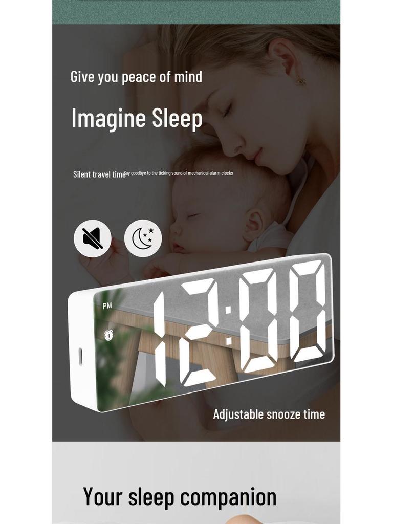 Compact LED Mirror Surface Alarm Clock Silent Night Light Display Desk Clock