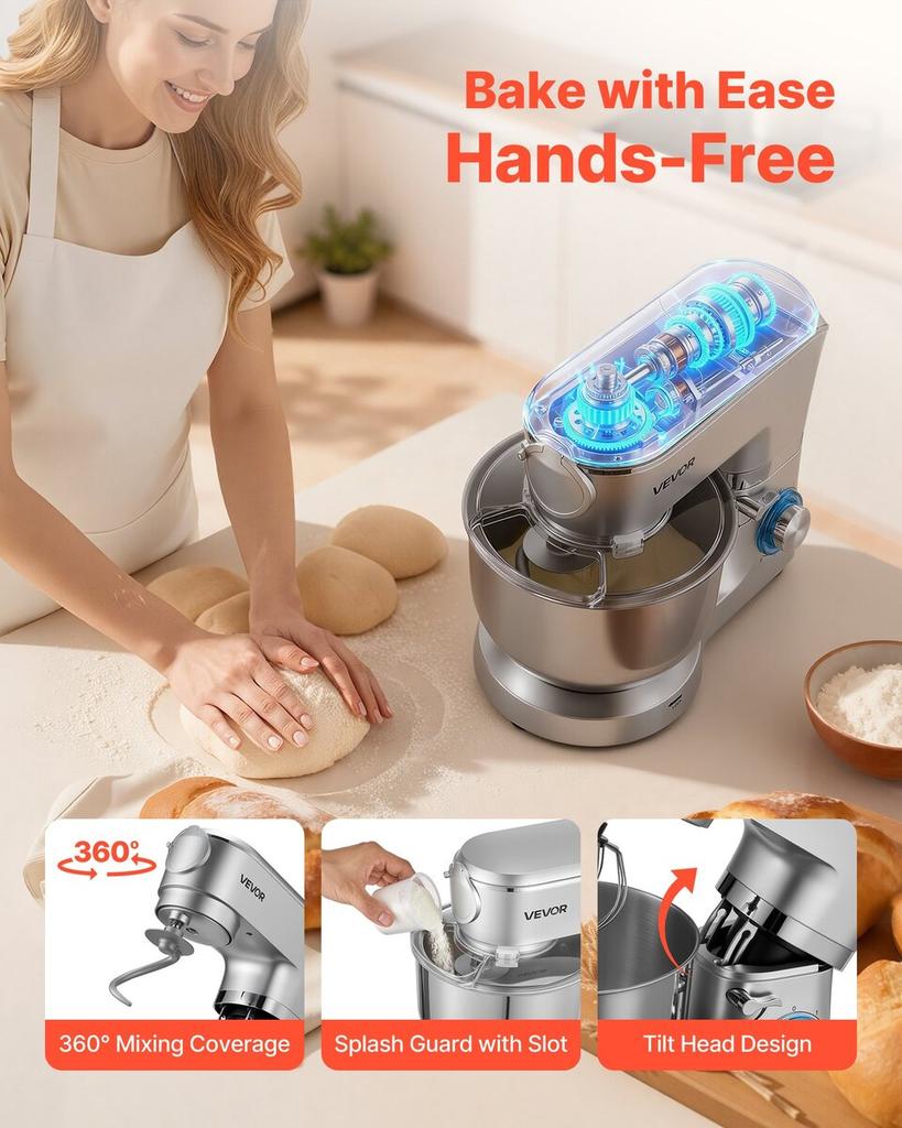 Küchenmaschine, 6 L Elektrische Küchenmaschine, 1500W Teigkneter, 6+P Geschwindigkeiten Kippkopf-Küchenmixer mit 1,5 L Mixbecher, Edelstahlschüssel, Knethaken,