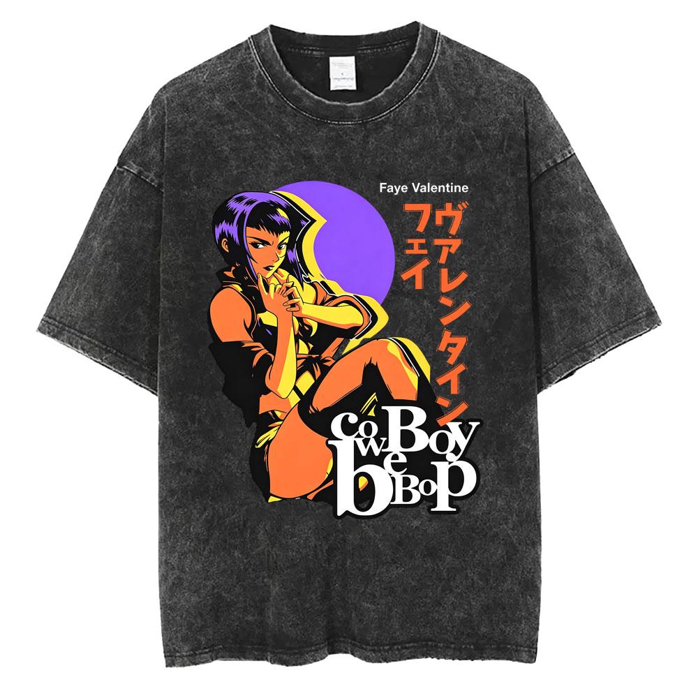 Anime Cowboy Bebop Vintage Washed T-shirt Manga Faye Valentine Print T-shirts Hip Hop Cartoon Retro Oversized T Shirts Unisex