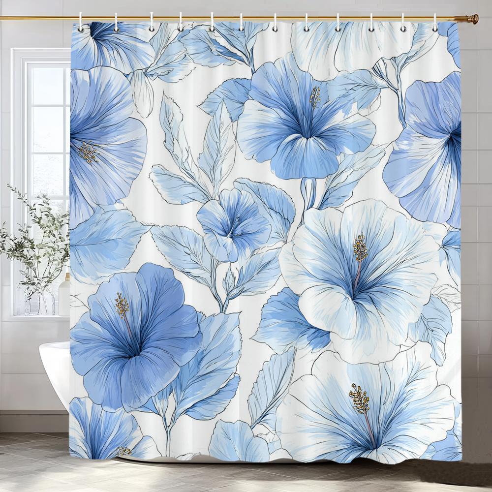 Beautiful Flowers Shower Curtain for Bathroom Blue Floral Romantic Wildflower Plants Nature Scenery Home Decor Curtain with Hook