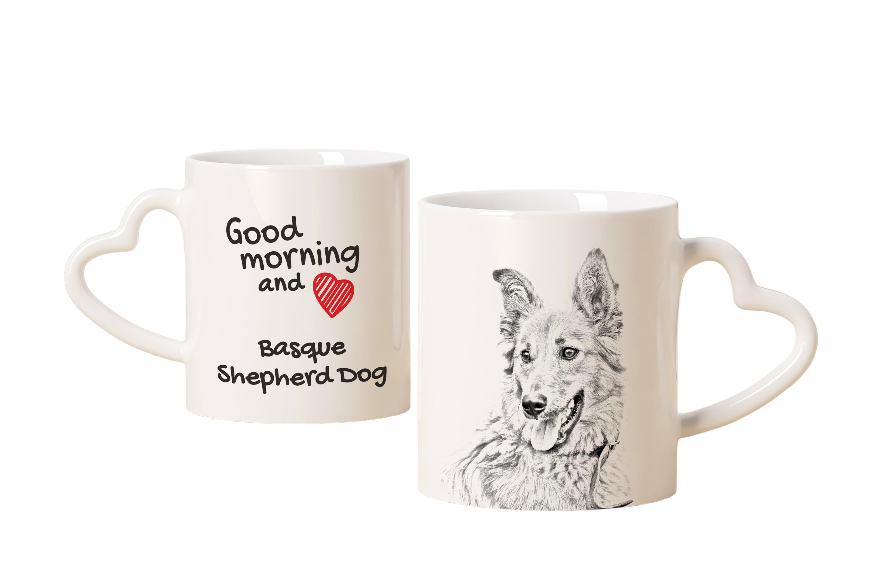 

Basque Shepherd Dog, Basque Sheepdog - cup with a dog, adorable cup with a heart-shaped handle, universal gift from the Art-Dog brand білий
