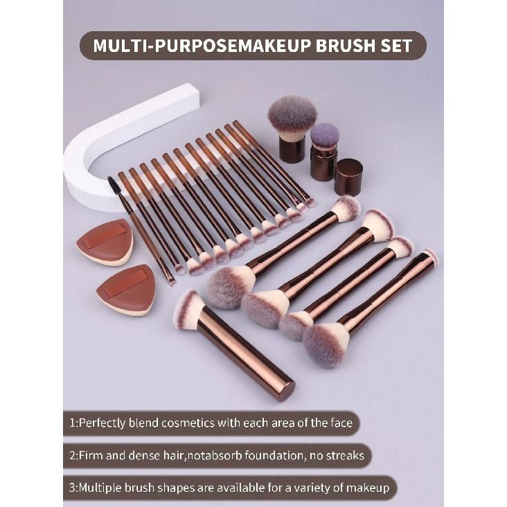 22pcs Professional Makeup Tools Set With Velvet Bag,20pcs Soft Long Aluminum Tube Makeup Brush Set+2pcs Powder Puffs Accessories