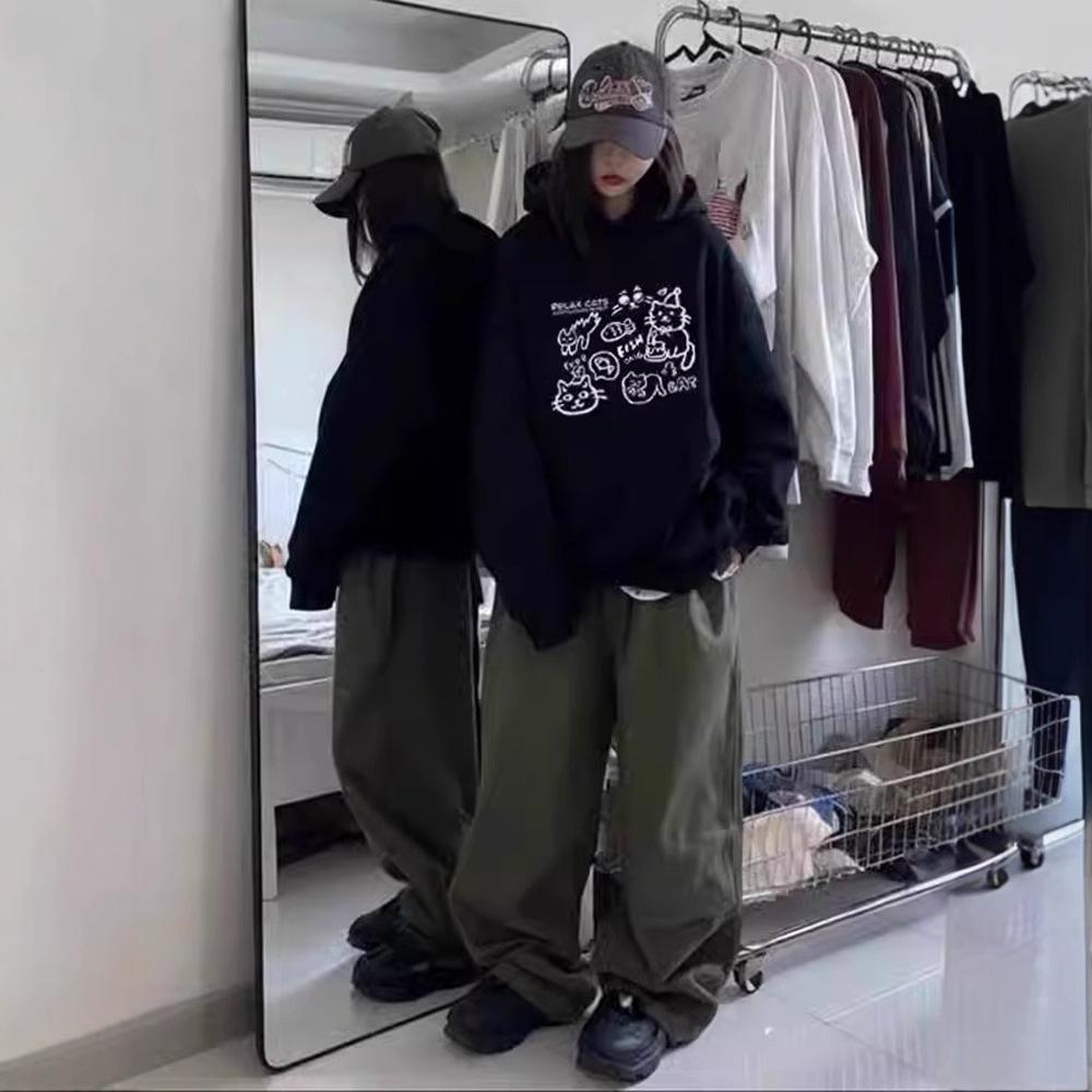 Ladies Autumn Winter Casual Hooded Long Sleeve Big Pocket Stick Figure Cat Printed Pullover Hoodies Sweatshirt Top