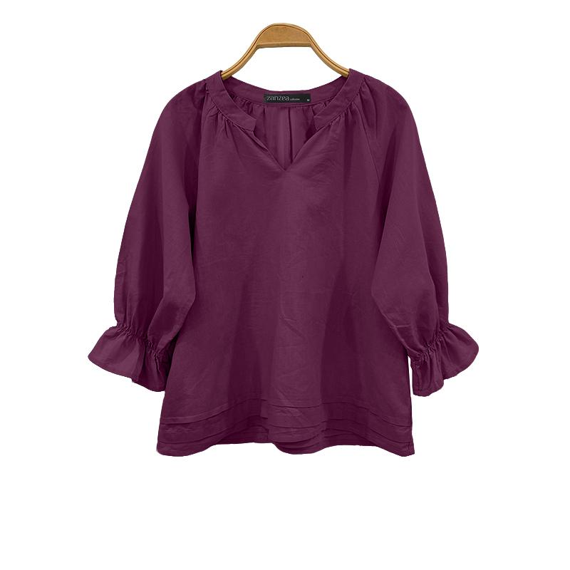 ZANZEA Women Casual V-Neck Solid Color Loose Long Sleeve Blouse