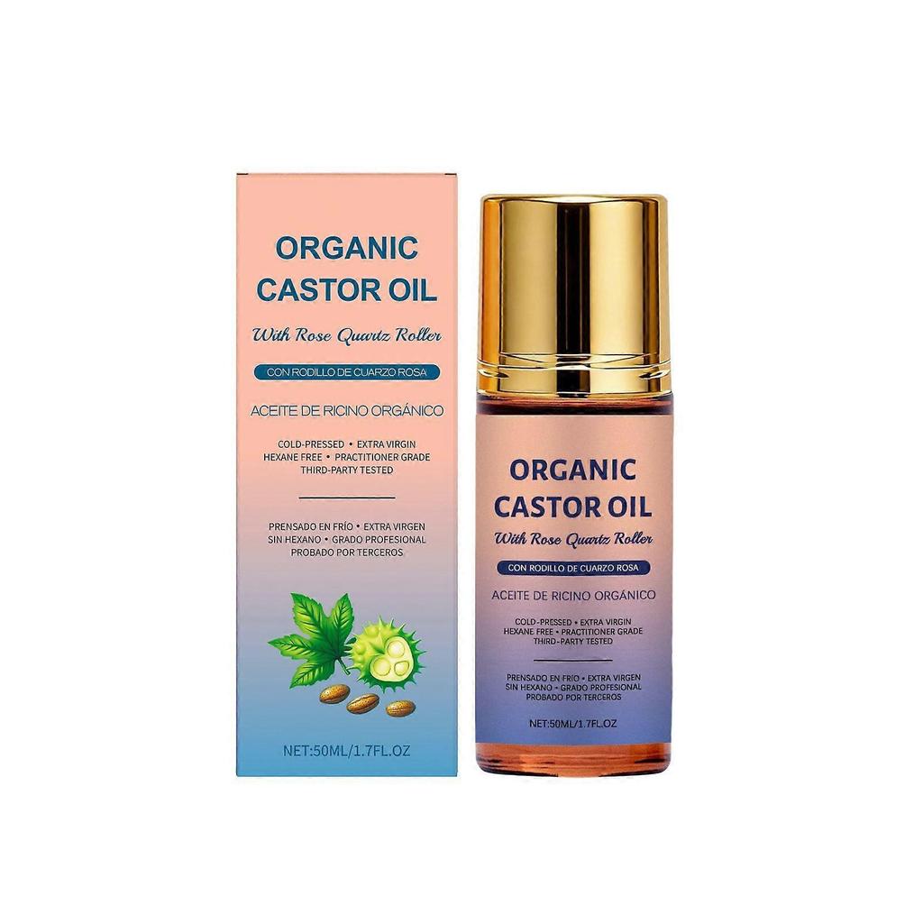 1-3X Organic Golden Castor Oil Roll-On with Rose Quartz | 100% Pure for Skin, Brows & Lashes and Less Mess| Hexane-Free