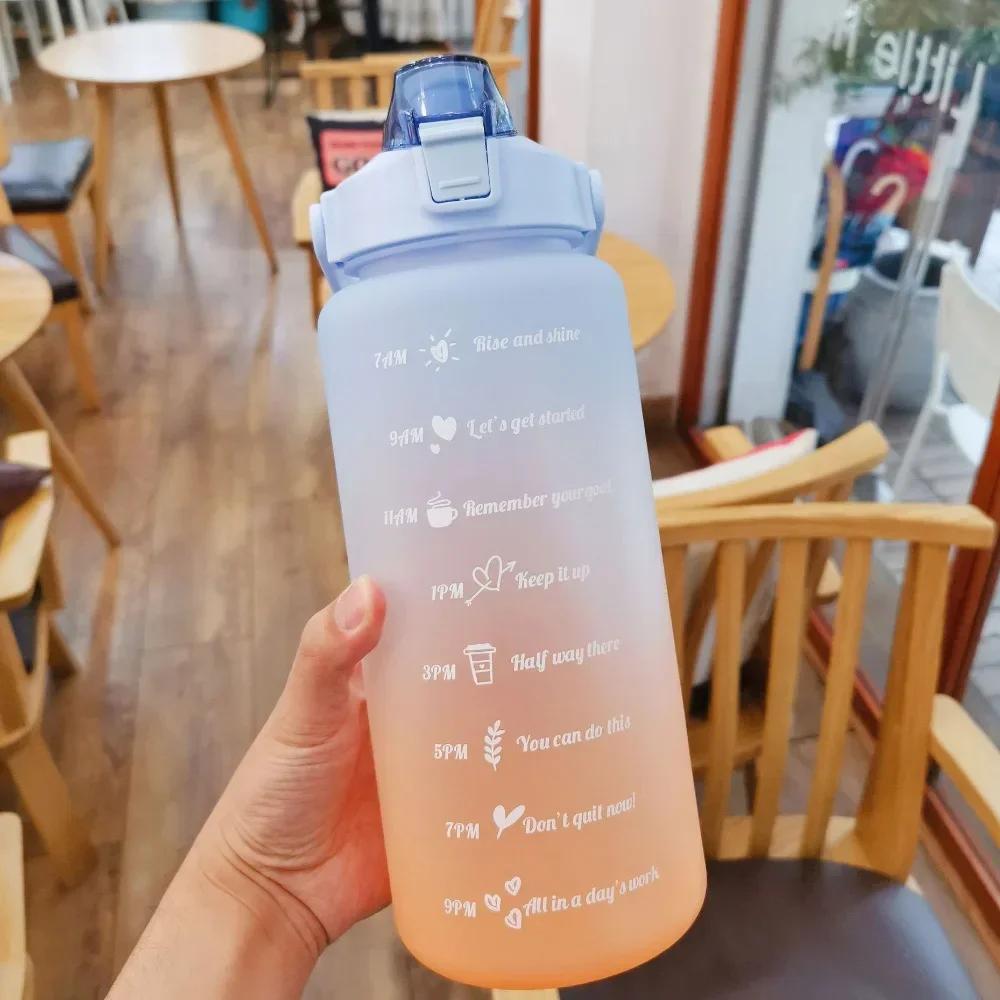 Large Couple Cup with Straw Time Scale Water Bottle Plastic Water Cup Large Student Frosted Outdoor Sports Water Bottles 2L