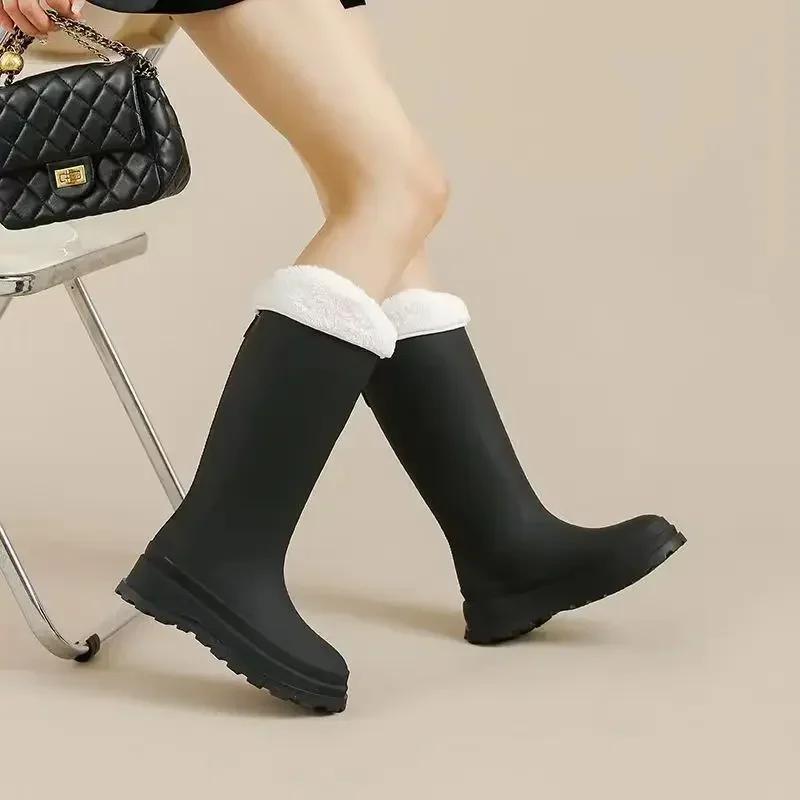 2026 Women's Rubber Rain Long Boots Plush Lined Warm Non-slip Waterproof Outdoor Platform Shoes Women's High Boots Botas Mujer
