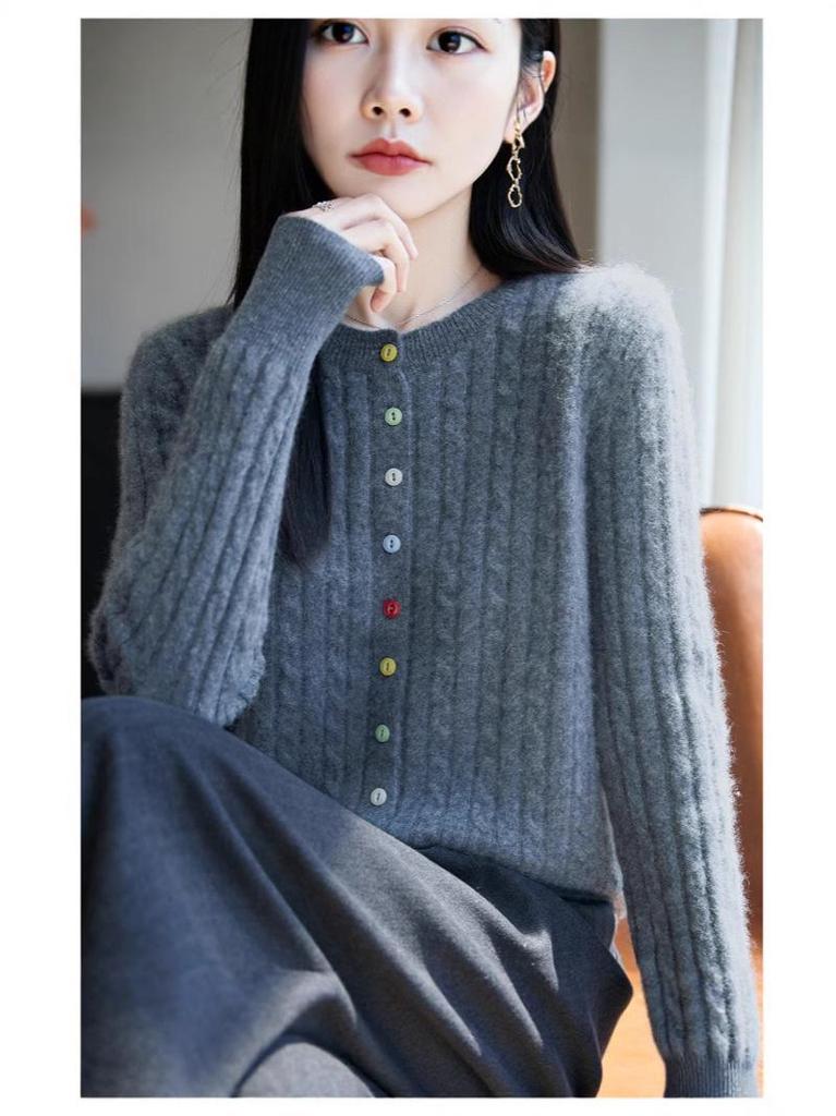 Women's 100% Pure Wool Cardigan with Colorful Buttons, Cable Knit, Loose Fit, Round Neck, Long Sleeve Base Layer Sweater