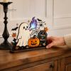 Cute Halloween Party Table Centerpieces Ghost Ornaments with Pumpkin Tombstone and Bat Elements, Wooden Flame Breathing Desktop Tabletop Decorations