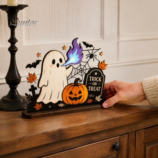Cute Halloween Party Table Centerpieces Ghost Ornaments with Pumpkin Tombstone and Bat Elements, Wooden Flame Breathing Desktop Tabletop Decorations